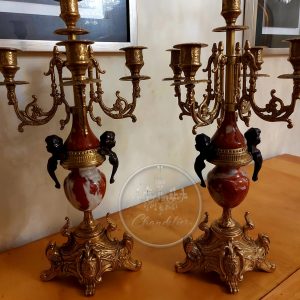 Par de Candelabros de Bronce y Mármol de Carrara, Italia